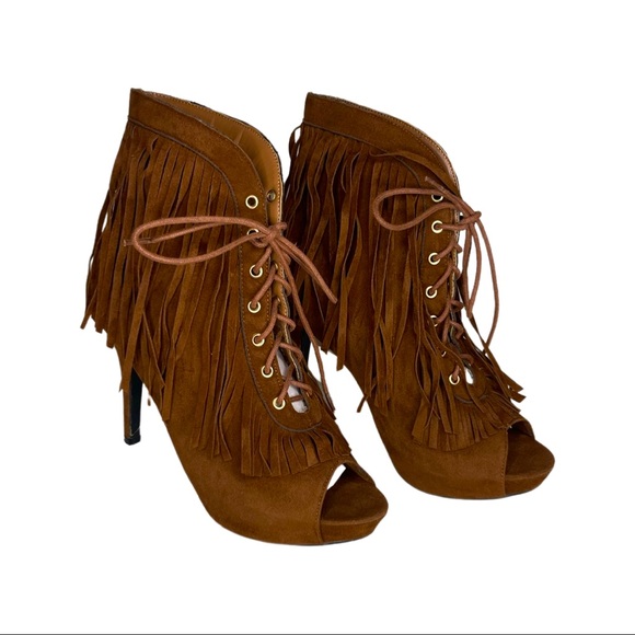 SOLD Ashley Stewart Suede Fringe Ankle Boots Heels SIZE 10W - Picture 2 of 5